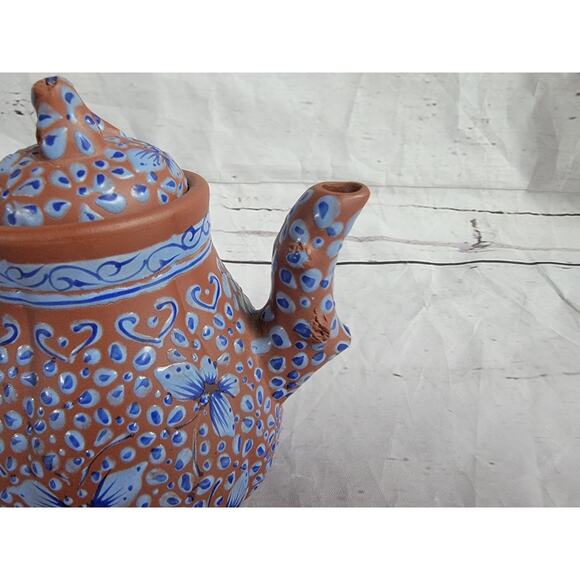 VTG Terra Cotta Clay Handmade Chinese Enamel Blue Butterflies Yixing Teapot 5 In - Picture 3 of 11